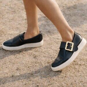 Bally Heska Black Leather Large gold Buckle Accent Slip On Sneakers Size 5.5